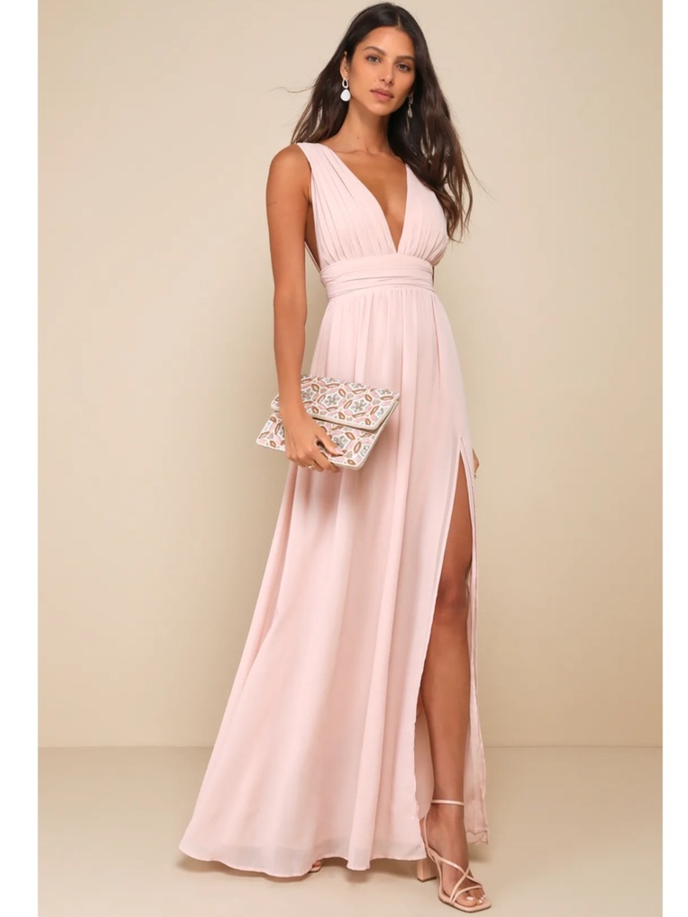 Lulus Heavenly Hues Blush Pink Chiffon V-Neck Maxi Dress NWT Large - Picture 3 of 14